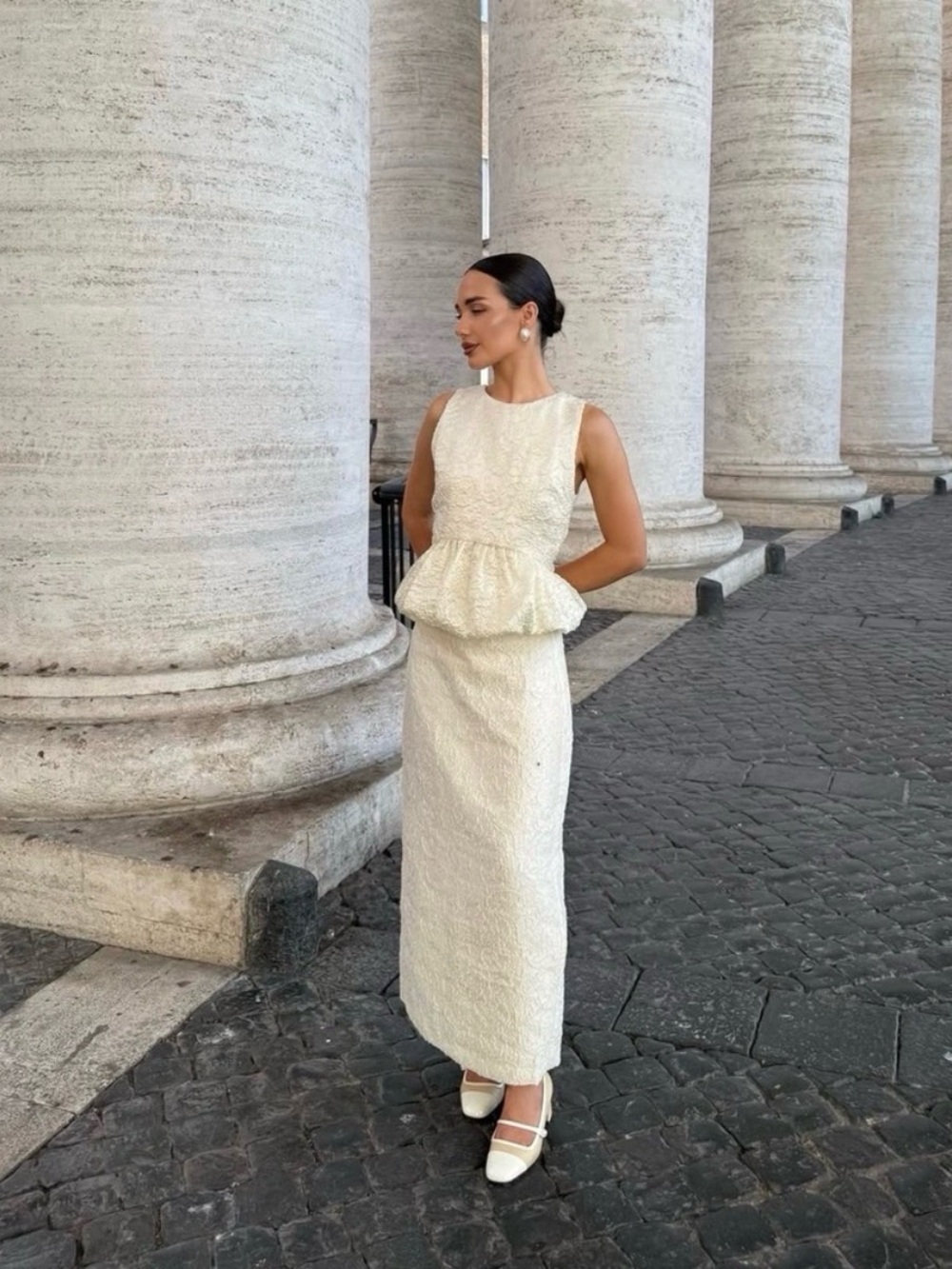 [NWT] Zara Textured Peplum Top & Midi Skirt Matching Set - Cream